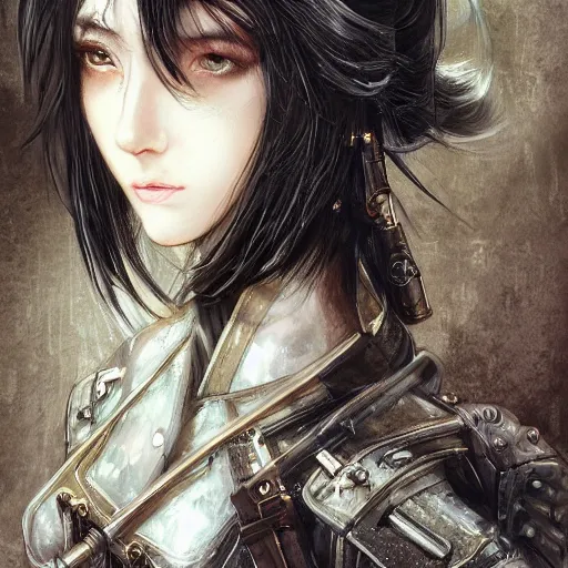 Image similar to portrait of a girl by ayami kojima, mixture between japanese and russian, she is about 2 0 years old, messy black bob hair, very tall and slender, she is wearing a steampunk tactical gear, highly detailed portrait, digital painting, artstation, concept art, smooth, sharp foccus ilustration, artstation hq