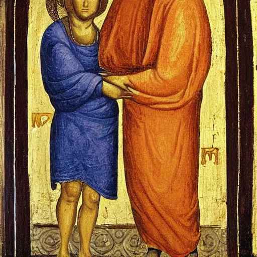 Image similar to painting benjamin netanyahu being held by his mother, tempera on wood, by duccio