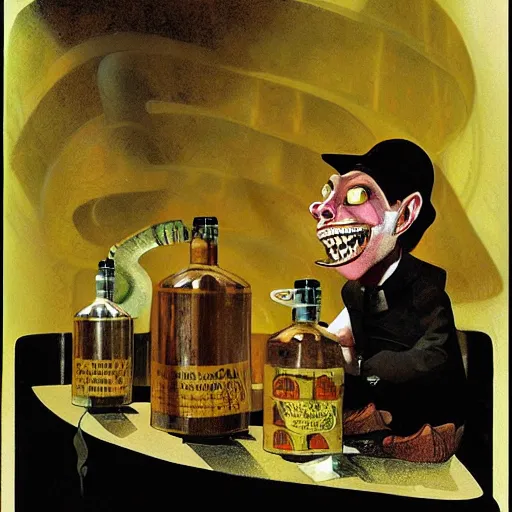 Image similar to a grinning anthropomorphic snake selling bottles of medicine, fantasy, dave mckean