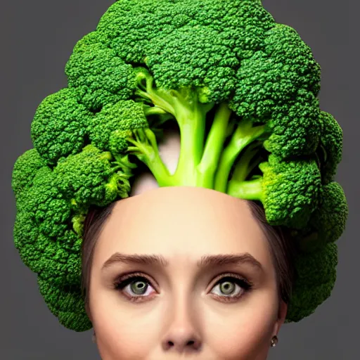 Image similar to anthropomorphic broccoli with [ an elizabeth olsen face ]!!, portrait!!, trending on artstation, 4 k quality, intricate