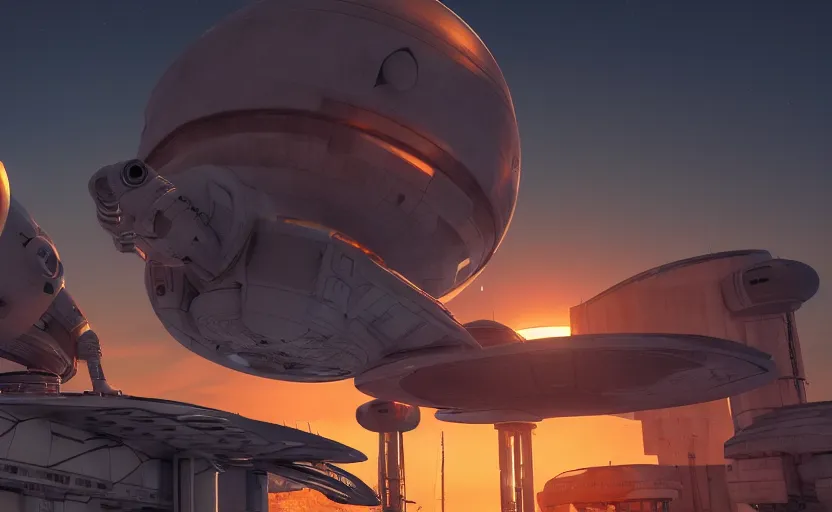 Image similar to 3 d render of a scifi spaceport, sunset lighting, spacecraft taking off, unreal engine, hyper realism, realistic shading, cinematic composition, blender render, octane render, hdr, detailed textures, photorealistic, ultrawide shot, 1 6 mm lens