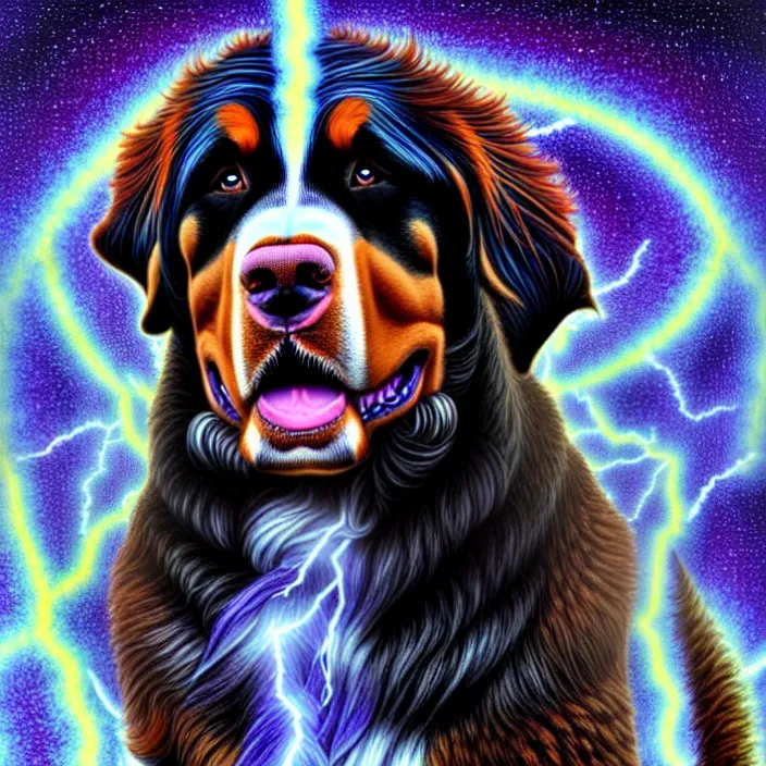 Image similar to a male human - bernese mountain dog hybrid as zeus, shooting lightning bolts from his paws, by alex grey, intricate details, artstation, furry, psychedelic, hd, beautiful