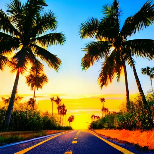 Prompt: A beautiful road with Palm trees on each side, sunset in the style of Monet