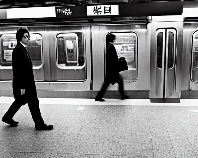 Image similar to a lonely weary business man taking the subway home after a late night at the office in japan