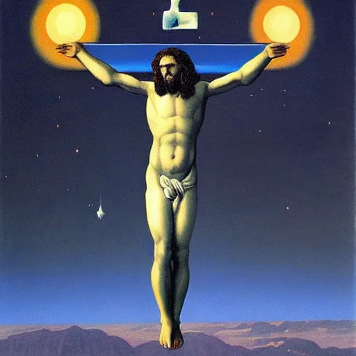 Image similar to very very very beautiful painting of jesus christ being crucified on a laser cross in outer space, painted by rene magritte
