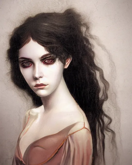 Prompt: a beautiful and eerie baroque painting of a gorgeous young woman from vampire the masquerade bloodlines, with wild hair and haunted eyes, 1 9 7 0 s, afternoon light, delicate embellishments, painterly