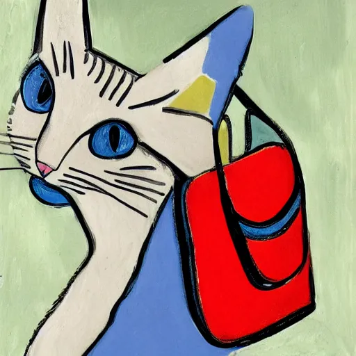 Prompt: cat inside a travel bag sticking its head out painted by matisse