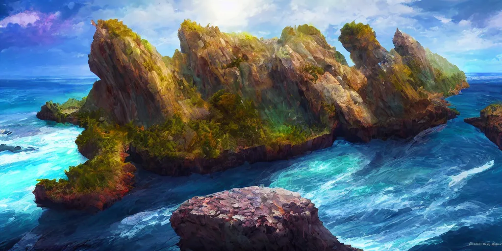Prompt: salt covered islands surrounded by sheer colourful quartz cliffs, illustration, bright sunlight, sun glints, sunrays, digital art, oil painting, fantasy, 8 k, trending on artstation, detailed