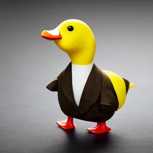 Image similar to a high detail photo of an antropomorphic duck wearing a suit, subject= duck, subject detail: wearing a suit, photorealism