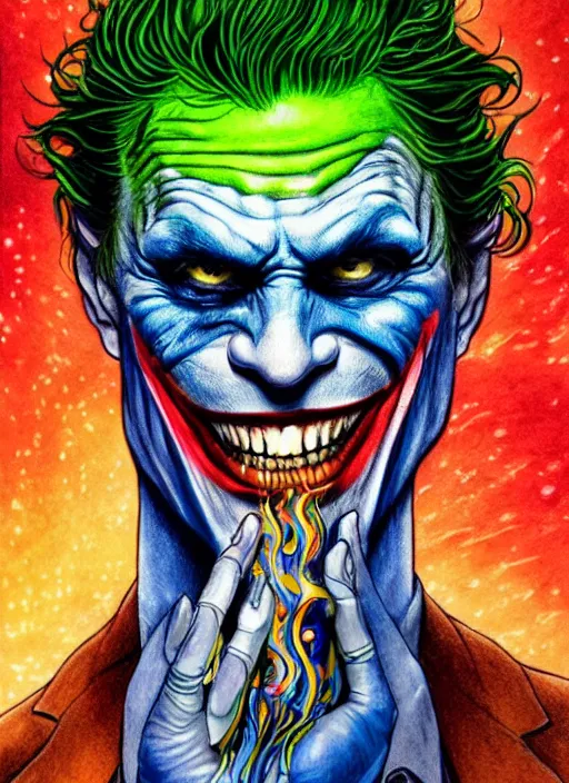 Image similar to high intricate colored ink drawing of the joker holding a glimmering fire - galaxy, full shot, neil gaiman, maria panfilova, andrea savchenko, mike kime, ludovic plouffe, qi sheng luo, oliver cook, julian calle, eddie mendoza, trending on artstation