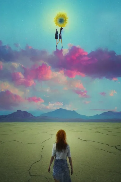 Image similar to giant daisy flower head, girl walking on salt flats mountains, surreal photography, sunrise, dramatic light, impressionist painting, colorful clouds, digital painting, artstation, simon stalenhag