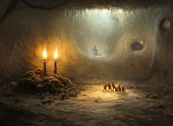 Inside an ant colony, lit by candles, smart ants, Stable Diffusion