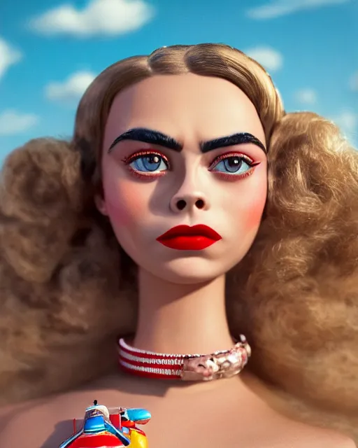 Image similar to closeup face profile portrait of a tin toy retro 1 9 5 0 s cara delevingne at a rocket launch, bikini, depth of field, zeiss lens, fashion photoshoot by nicoletta ceccoli, mark ryden, lostfish, breathtaking, detailed and intricate environment, 8 k resolution, extremely detailed, beautiful, establishing shot, artistic, hyperrealistic, octane render