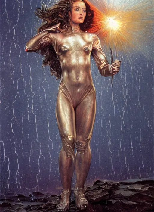 Image similar to a biblical diabolical beautiful female android, rain on face, shiny hi tech armor, dynamic pose, splashing, heavy eyes to the side, glowing veins, in clouds, rain and lightning storm, sunset, portrait, by gerald brom, by mikhail vrubel, by peter elson, muted colors, extreme detail, reflections, trending on artstation, 8 k