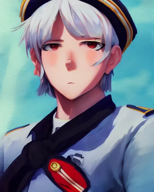 Image similar to a longshot 3 / 4 view portrait of a feminine anime boy with white hair wearing soviet sailor outfit and a sailor hat, digital painting, pixiv, artstation, art by artgerm ilya kuvshinov makoto shinkai and ( valentin bernardsky ), watercolor, sharp focus, cute, kawaii, high quality