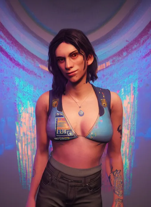 Image similar to glowwave portrait of michele from gta 5, au naturel, hyper detailed, digital art, trending in artstation, cinematic lighting, studio quality, smooth render, unreal engine 5 rendered, octane rendered, art style by klimt and nixeu and ian sprigger and wlop and krenz cushart.