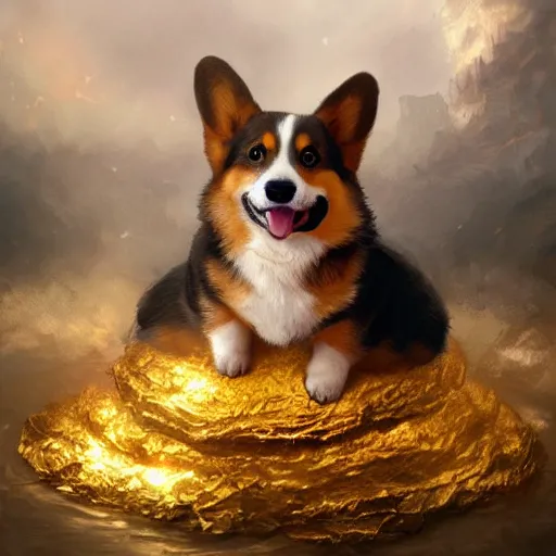 Prompt: a cute and happy corgi puppy lying on top of a huge pile of golden treasure, extremely detailed digital illustration, hyperrealistic, fantasy, lord of the rings, greg rutkowski, artgerm, ruan jia, trending on artstation