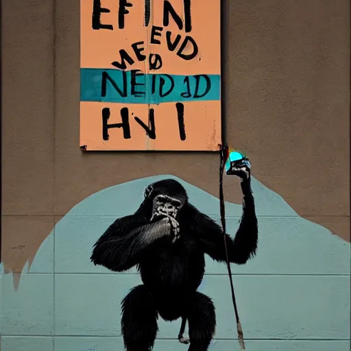 Image similar to an ape holding a sign that says the end is near in the style of banksy, an ultrafine detailed painting by james jean, behance contest winner