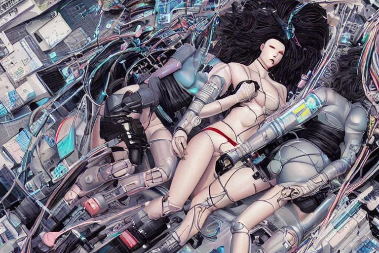 Image similar to a cyberpunk illustration of a group of female androids in style of hajime sorayama, lying on an abstract, empty, white floor with their body parts scattered around and cables and wires coming out, by katsuhiro otomo and masamune shirow, hyper-detailed, intricate, colorful, view from above, wide angle, beautiful