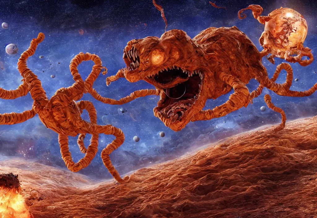 Prompt: eldritch horror bloody garfield in space, hd, 8 k, giant, epic, realistic photo, unreal engine, stars, prophecy, powerful, cinematic lighting, destroyed planet, debris, violent, sinister, ray tracing, dynamic, epic composition, dark, horrific, teeth, grotesque, monochrome drawing, hellscape, death, corpses