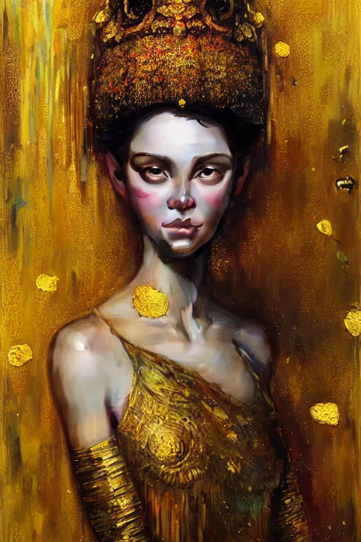 Prompt: wide portrait of beautiful girl by irakli nadar with intricate detailed color smashing fluid oil paint and acrylic, ornate gold headdress, melting wax, mycelia, abstract impressionism, ruan jia, fantasy, hyper detailed, concept art, by gustav klimt