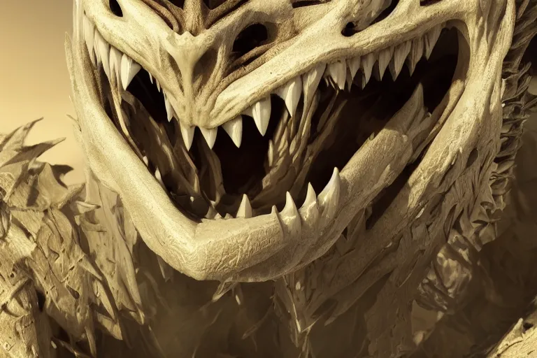 Image similar to cinematic closeup portrait of a roaring skeletal dragon, detailed textures, dramatic lighting, sand dunes, unreal engine, cgsociety, artstation, 4k