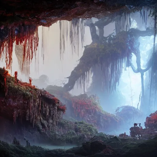 Image similar to photo an overgrown deep underground cave on another world embellished with a lush overgrown jungle of beautiful ancient alien trees, alien elvish cave village, scattered complex ancient monoliths emitting cosmic astral energy, nebula fog and cosmic mist, 4 k rtx hdr volume light concept studio matte painting environment octane, ue 5, photorealistic render trending on artstation by eytan zana