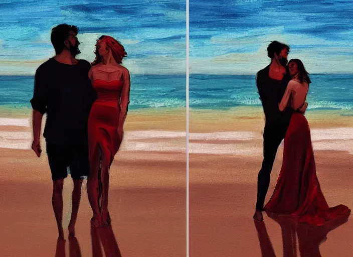 Image similar to couple, man and woman on the beach in couple vol 2 photo reference pack for artists - 2 2 0 jpegs pose, spirit hugs, gold trim, atmoshperic, elegant, sharp focus, sand sea, red sun, huge lips, by by satine zillah, trending on artstation, intricate details