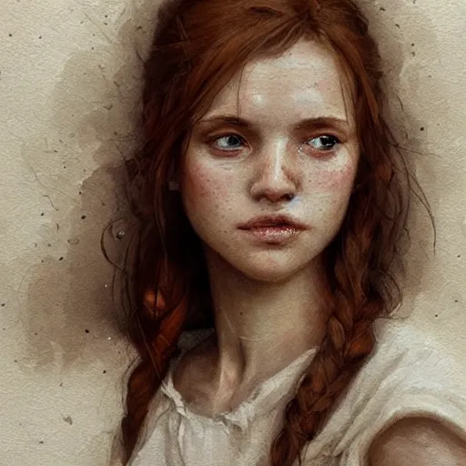 Prompt: a rustic woman wearing a white dress, detailed face, redhead, by greg rutkowski, mandy jurgens