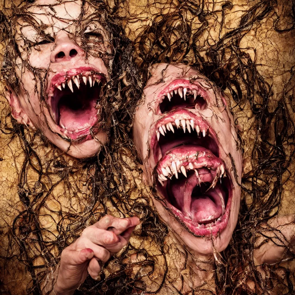 Prompt: hyper realistic photographic portrait of a disgusting female demon with snake skin, black eyes, mouth open in a scream, needle like teeth dripping poison, a background made of maggots and grubs, 8 k, macro detail