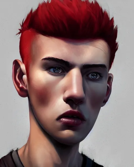 Image similar to young man with a short red mohawk, slim face, piercings, dressed in crustpunk clothing, headshot, attractive, handsome, model, trending on artstation, high quality art, character design, realism art, award winning art, clean face, by mandy jurgens, in color, no makeup, no tattoos, no facial hair