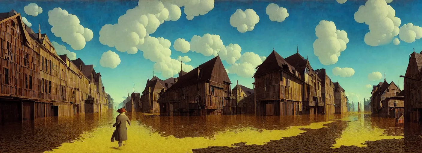 Prompt: flooded old wooden city street, very coherent and colorful high contrast masterpiece by rene magritte simon stalenhag carl spitzweg jim burns, full - length view, dark shadows, sunny day, hard lighting, reference sheet white background