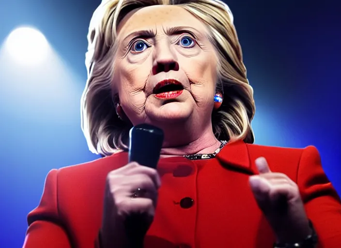 Image similar to publicity photo still of hillary clinton in a death metal band playing live on stage, 8 k, live concert lighting, mid shot