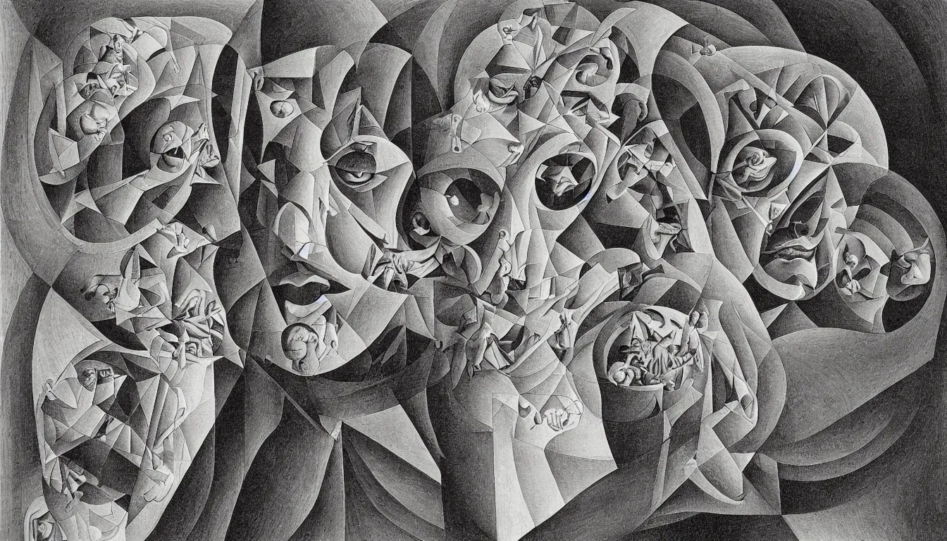 Prompt: self portrait by m c escher