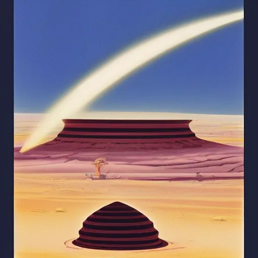 Image similar to a syd mead and ralph maquarrie style matte painting of a spiral building standing on a huge crater in tropical desert