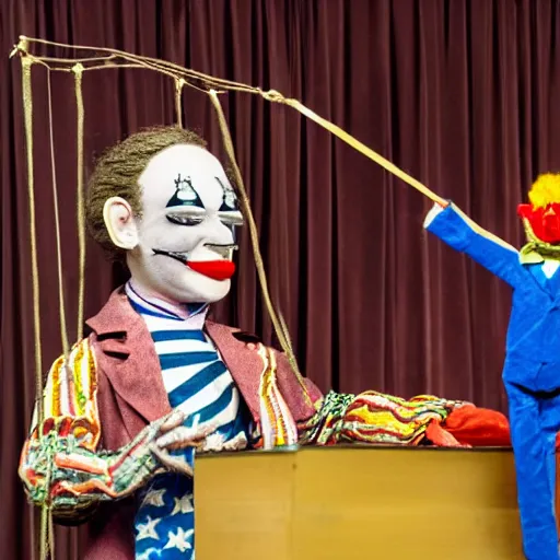 Prompt: puppet show with a puppeteer using a string marionette of a president with clown makeup in a podium