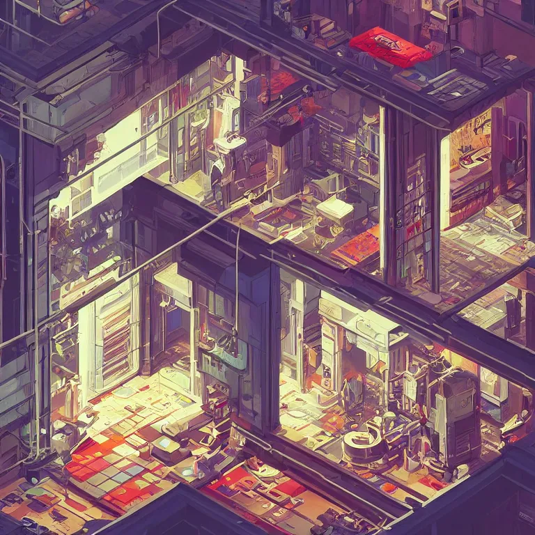 Image similar to isometric view illustration of a interior of a Cyberpunk apartment, highly detailed, by James Gilleard and Bruce Pennington