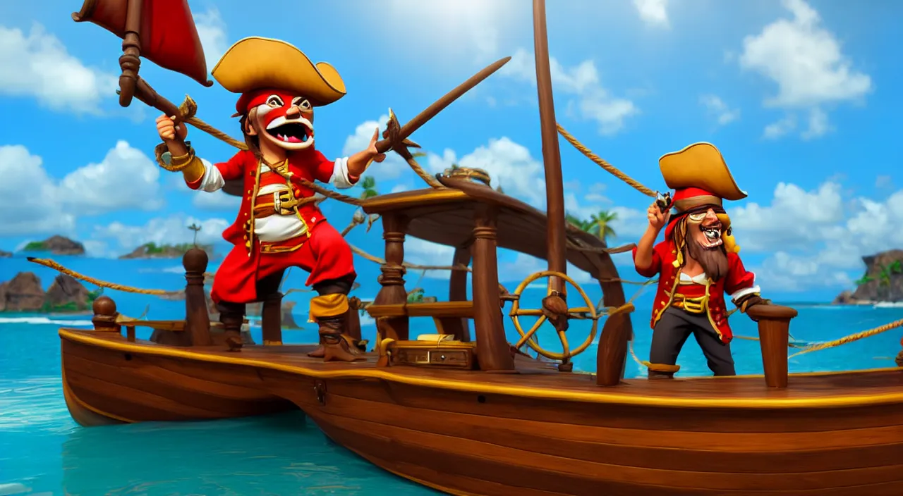 Image similar to a cartoonish pirate on a boat ready to conquer the island, highly detailed, photorealistic portrait, bright studio setting, studio lighting, crisp quality and light reflections, unreal engine 5 quality render