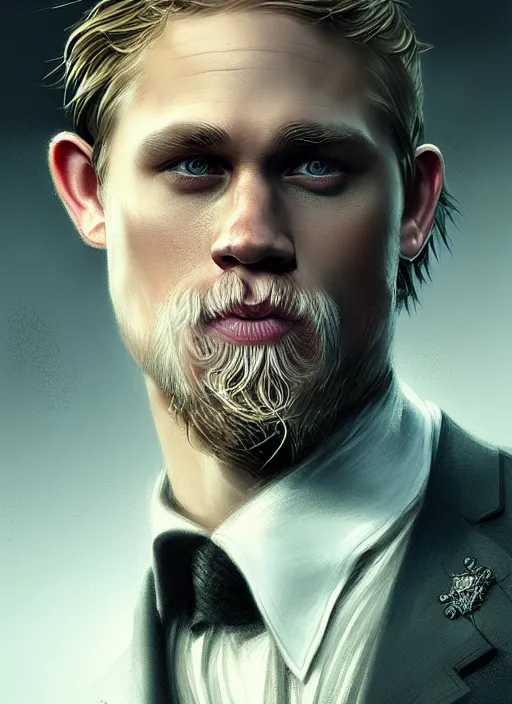 Image similar to portrait of charlie hunnam as a vampire, intricate, elegant, highly detailed, digital painting, artstation, concept art, smooth, sharp focus, illustration, art by wlop, mars ravelo and greg rutkowski