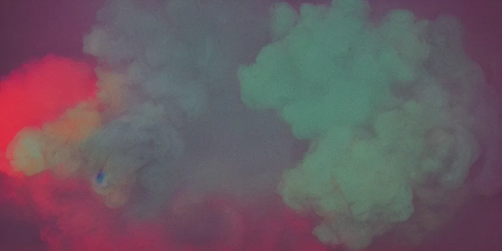 Prompt: analog photo of colored smoke, color bleed, gritty, ambient light