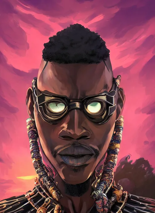 Image similar to highly detailed digital painting of afrofuturistic wakandan scientist biocircuitry voodoo priest, masculine and sinister, 2 d game fanart behance hd by jesper ejsing, by rhads, makoto shinkai and lois van baarle, ilya kuvshinov, rossdraws, dramatic sunset, global illumination, radiant light, detailed and intricate environment