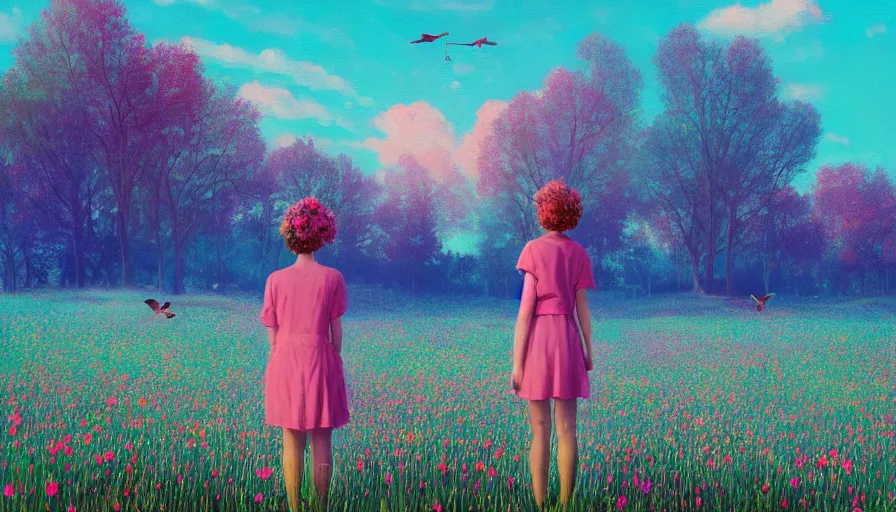 Image similar to girl with an blooming flower face, surreal photography, dream, standing in flower field, hills, big trees, sunrise dramatic light, impressionist painting, colorful clouds and birds in sky, digital painting, pointillism, artstation, simon stalenhag