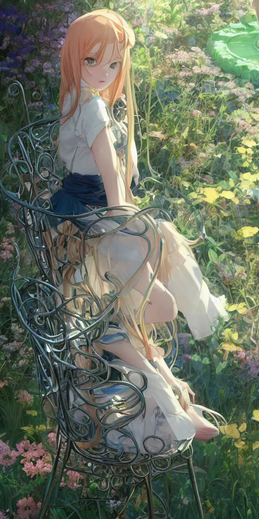 Image similar to a digital art of a loli with long hair in a dress sitting on a metal garden chair in the privet garden at afternoon, green and warm theme, back lighting, by krenz cushart and mucha and akihito yoshida and greg rutkowski and makoto shinkai, extremely long shot, detailed eyes, 4 k resolution, trending on art station