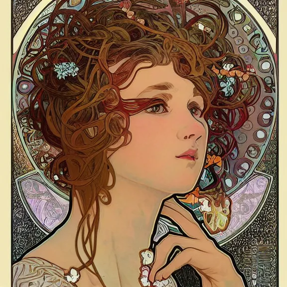 Prompt: a highly detailed beautiful portrait in the style of alphonse mucha and in the style of james jean.