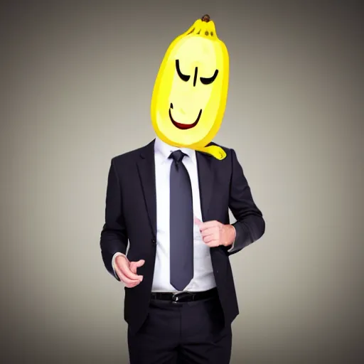 Image similar to a person with a banana head wearing a business suit