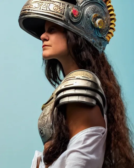 Prompt: centered medium shot fine studio photograph of a young woman wearing only a solarpunk mecha Mayan helmet with bright lights, ultra-realistic, white background, 8k HDR, intricate