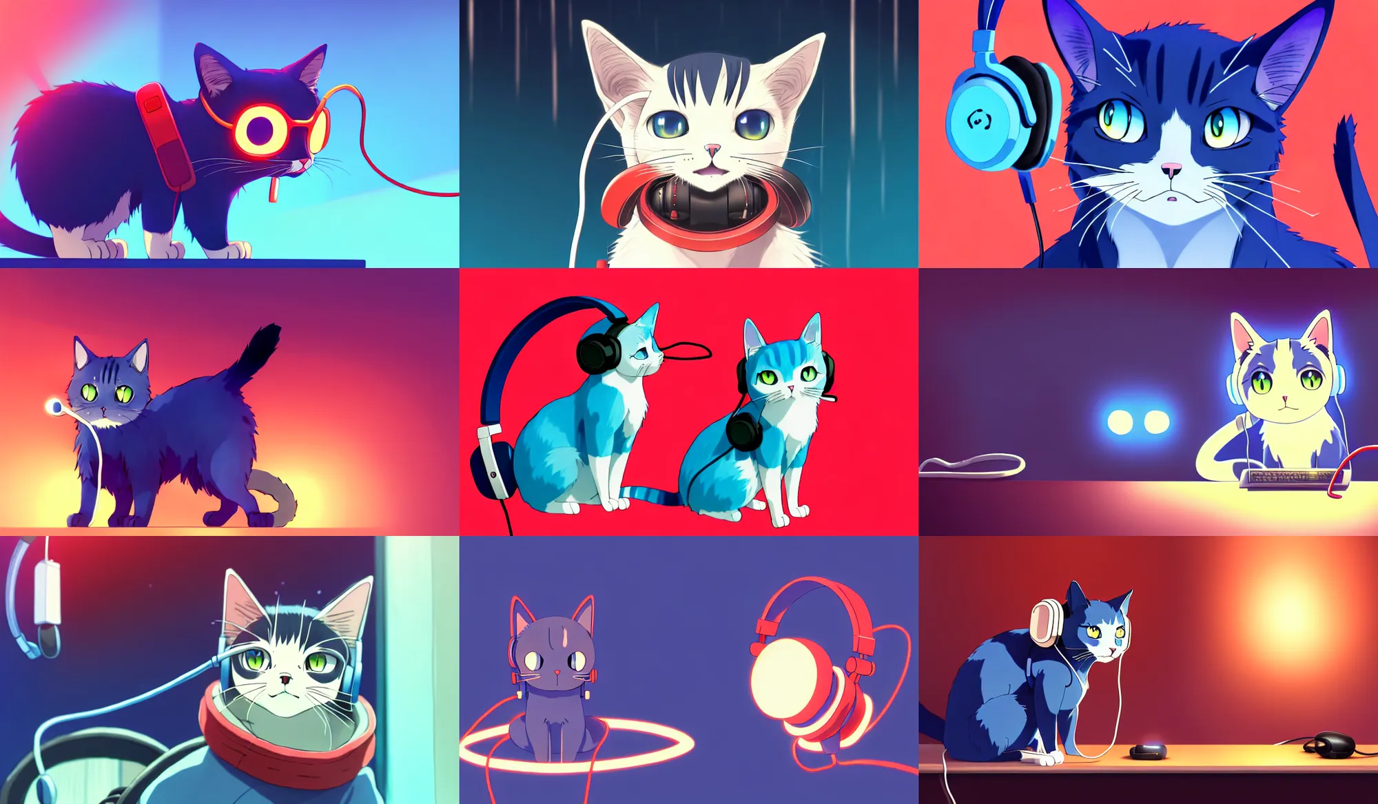 Prompt: realistic anime cat, wearing a blue cardigan and red aesthetic lo - fi headphones, view from side, studying in a brightly lit room, a lamp hovers above as it illuminates the room, perfectly realistic symmetrically weared headphones, nighttime, cgsociety contest winner, artstation, golden ratio, dim lighting, studio ghibli, 4 k