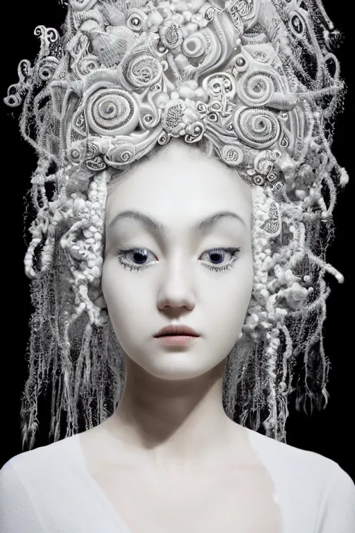 Image similar to 3 d full head and shoulders beautiful white porcelain woman with ornate detailed hair and jewellery, 3 d swirling hair, big eyes through the hair by theodor seuss geisel and daniel arsham and xiang duan