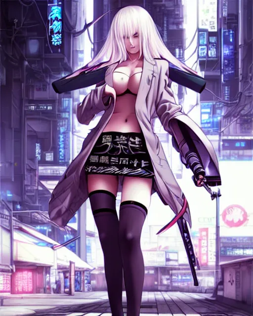 Prompt: The successful warrior is the average man, with laser-like focus, artwork by artgerm, anime style art, art by Masamune Shirow, cyberpunk streets in Japan, elegant, seductive, long white hair, knee high socks, extra short blue plaid skirt, white blouse, army boots, high fantasy, CGsociety, full length, exquisite detail, post-processing, low angle, masterpiece, mystical, magical
