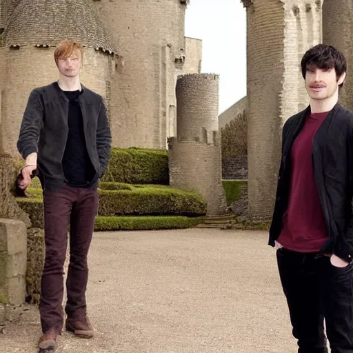 Prompt: bradley james and colin morgan posing for a portrait. camelot's throne room in background